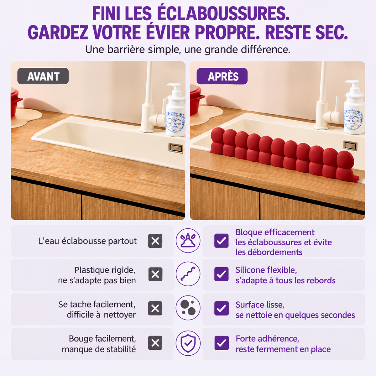Protection anti-éclaboussures en silicone pour évier de cuisine